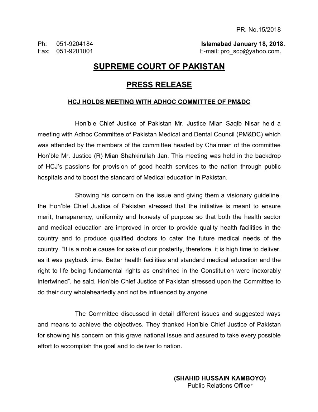 Supreme Court of Pakistan Press Release