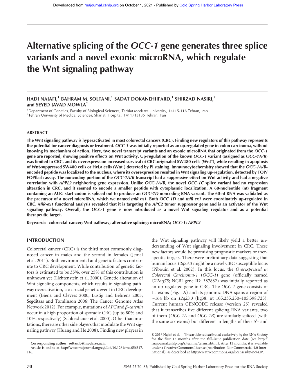 Alternative Splicing of the OCC-1 Gene Generates Three Splice Variants and a Novel Exonic Microrna, Which Regulate the Wnt Signaling Pathway