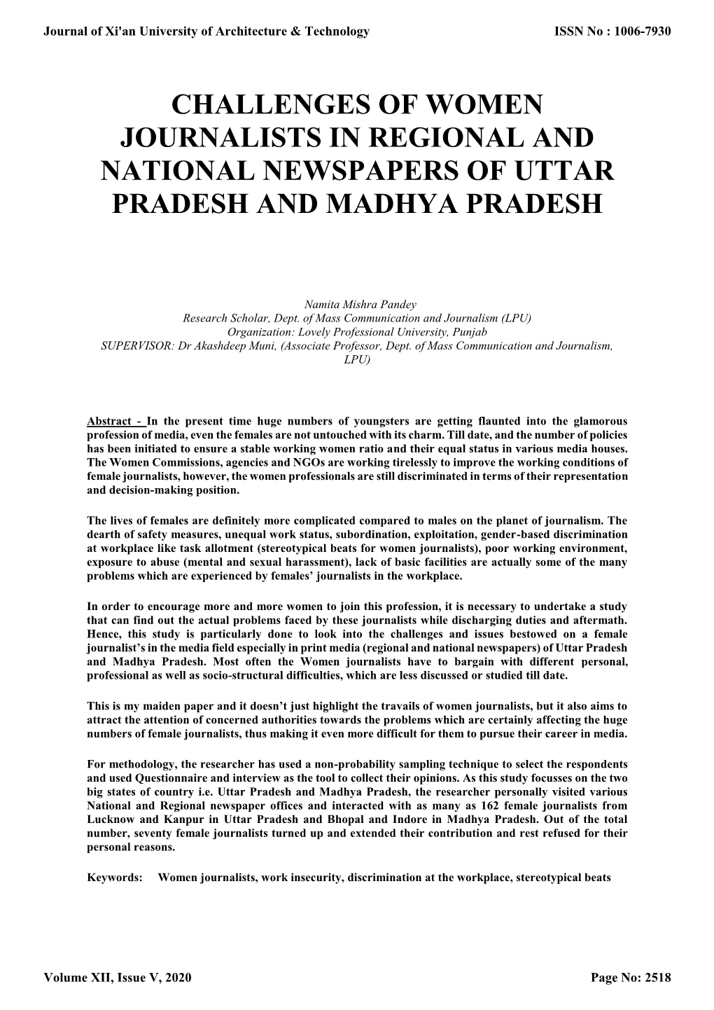 Challenges of Women Journalists in Regional and National Newspapers of Uttar Pradesh and Madhya Pradesh
