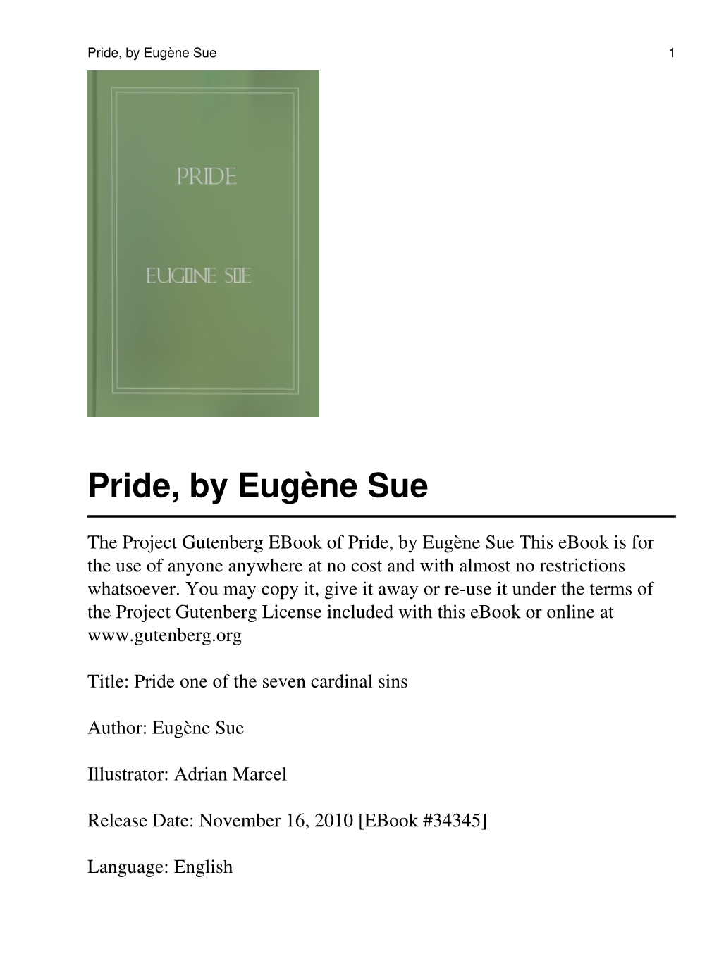 Pride, by Eugène Sue 1