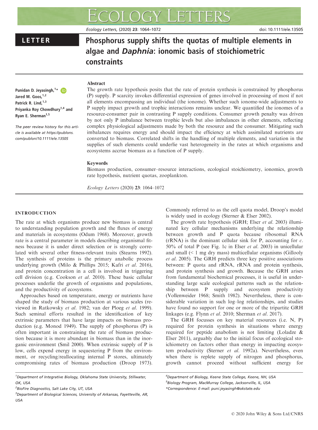 Phosphorus Supply Shifts the Quotas of Multiple Elements in Algae and Daphnia: Ionomic Basis of Stoichiometric Constraints