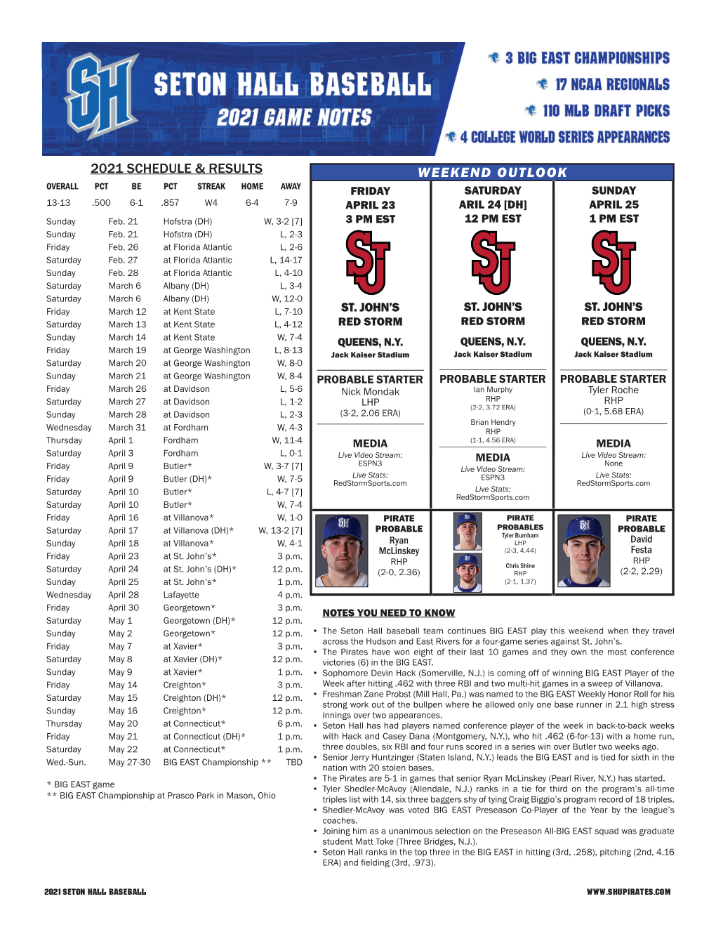 SETON HALL BASEBALL at ST. JOHN's • APRIL 23-25 2021