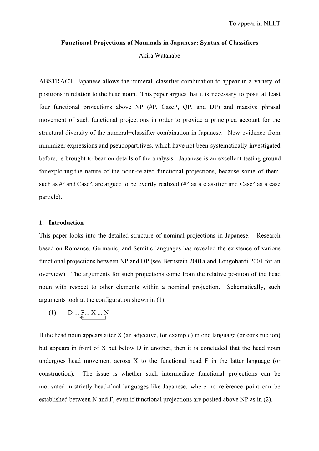 To Appear in NLLT Functional Projections of Nominals in Japanese