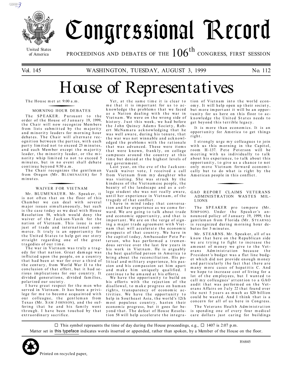 Congressional Record United States Th of America PROCEEDINGS and DEBATES of the 106 CONGRESS, FIRST SESSION