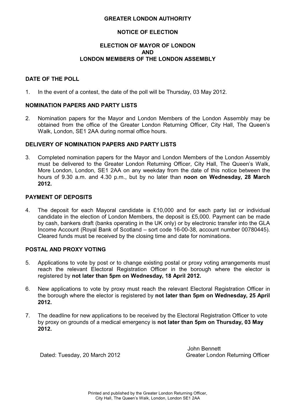 Notice of Election Mayor and London Assembly 2012