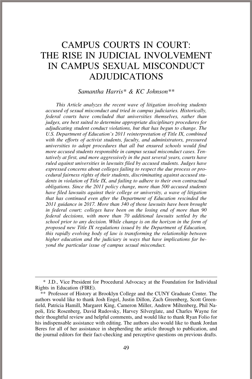 Campus Courts in Court: the Rise in Judicial Involvement in Campus Sexual Misconduct Adjudications