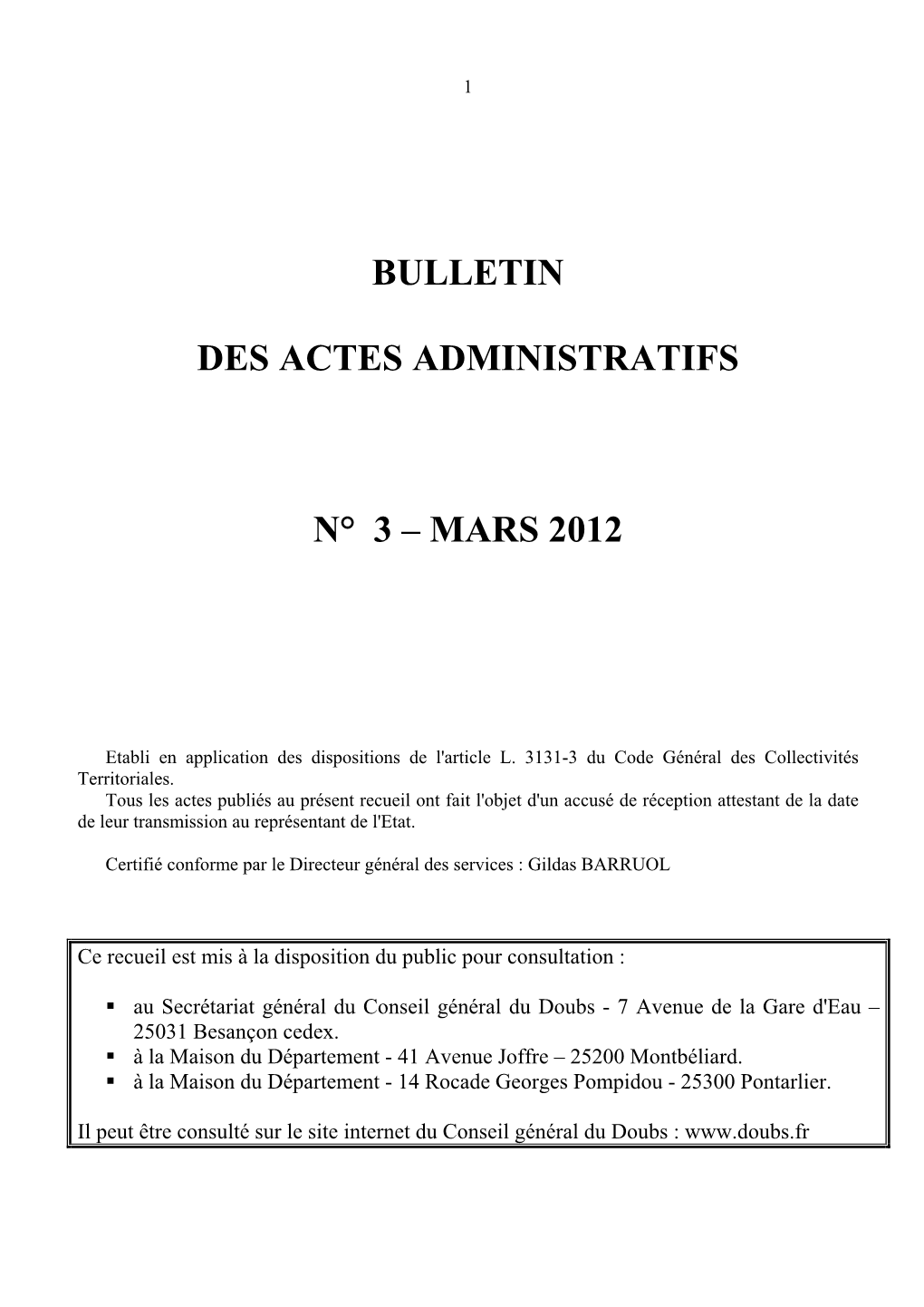 Bulletin Des Actes Administratifs N° 3 – Mars 2012