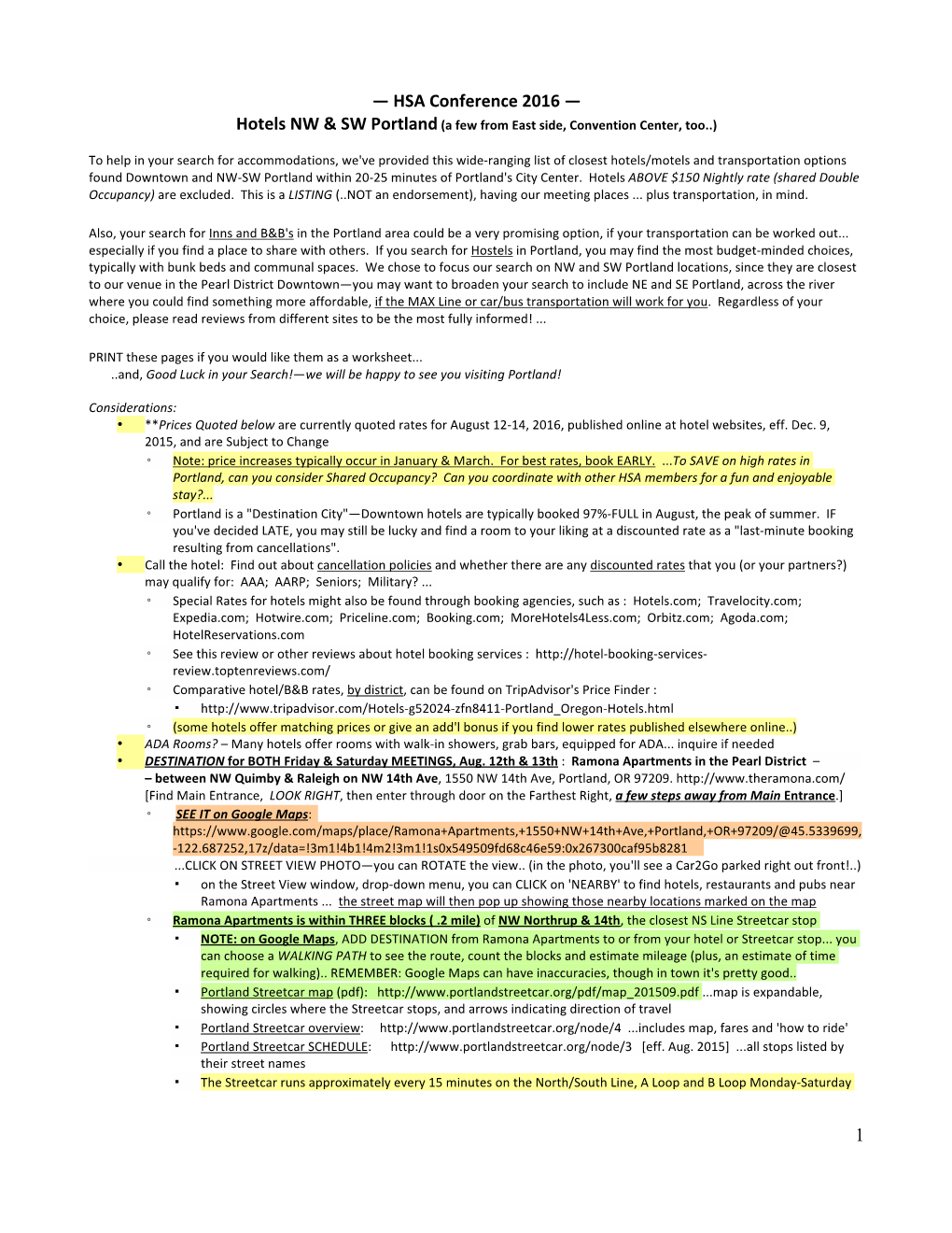 HSA Conference 2016 — Hotels NW & SW Portland (A Few from East Side, Convention Center, Too..)