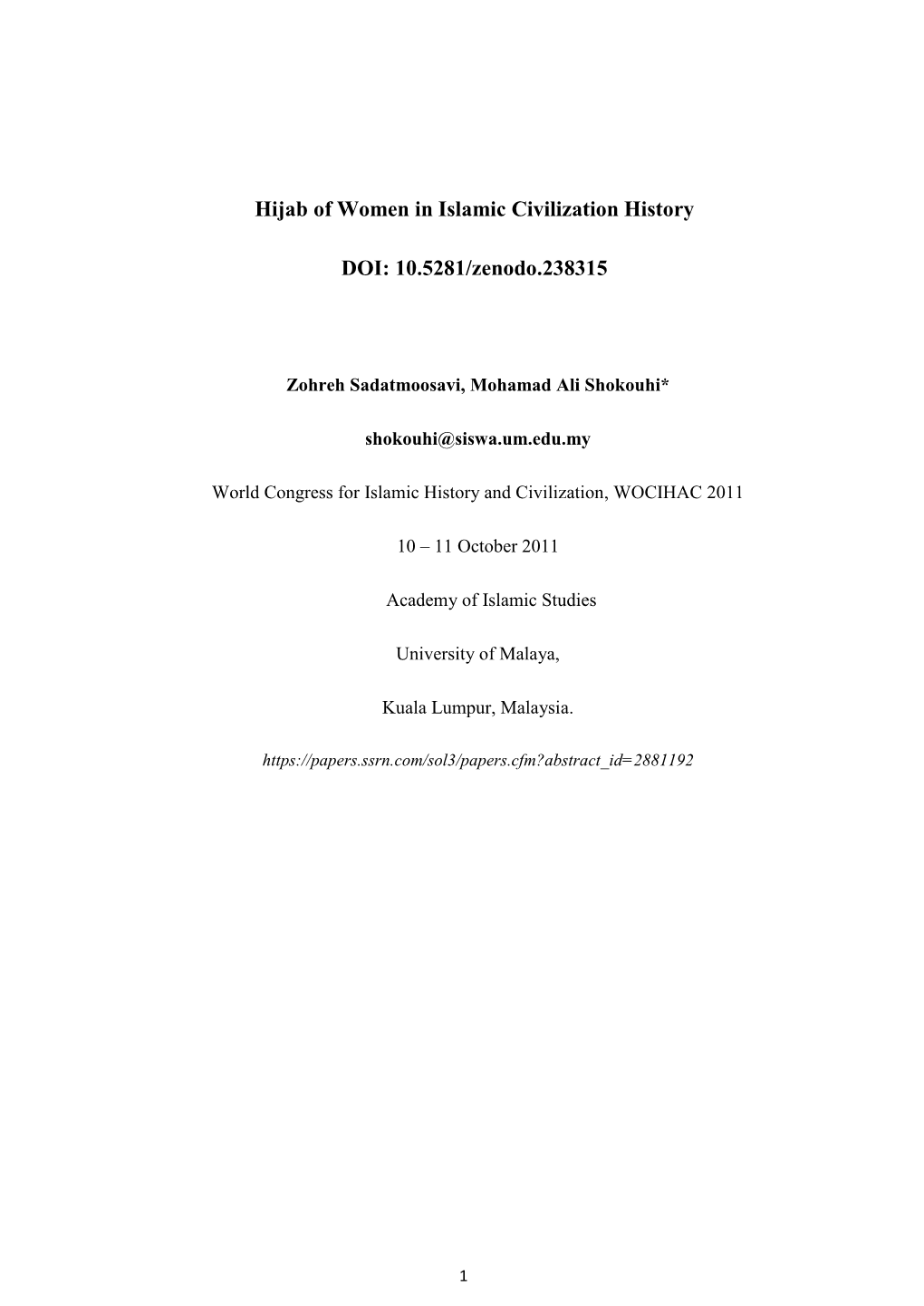 Hijab of Women in Islamic Civilization History DOI: 10.5281