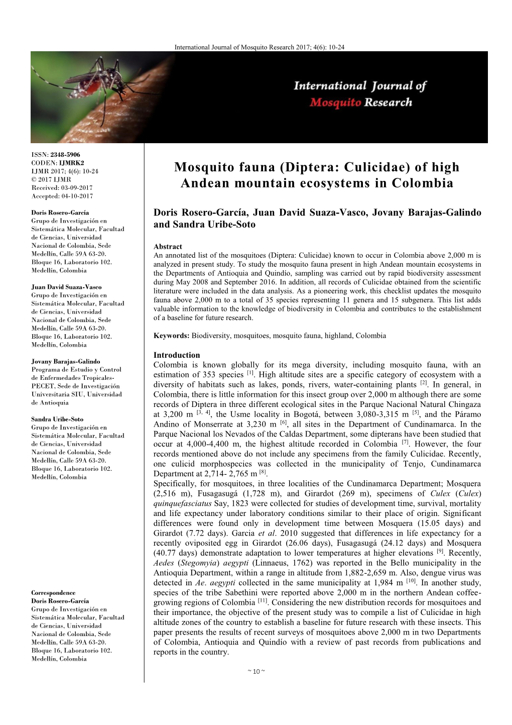 (Diptera: Culicidae) of High Andean Mountain Ecosystems in Colombia