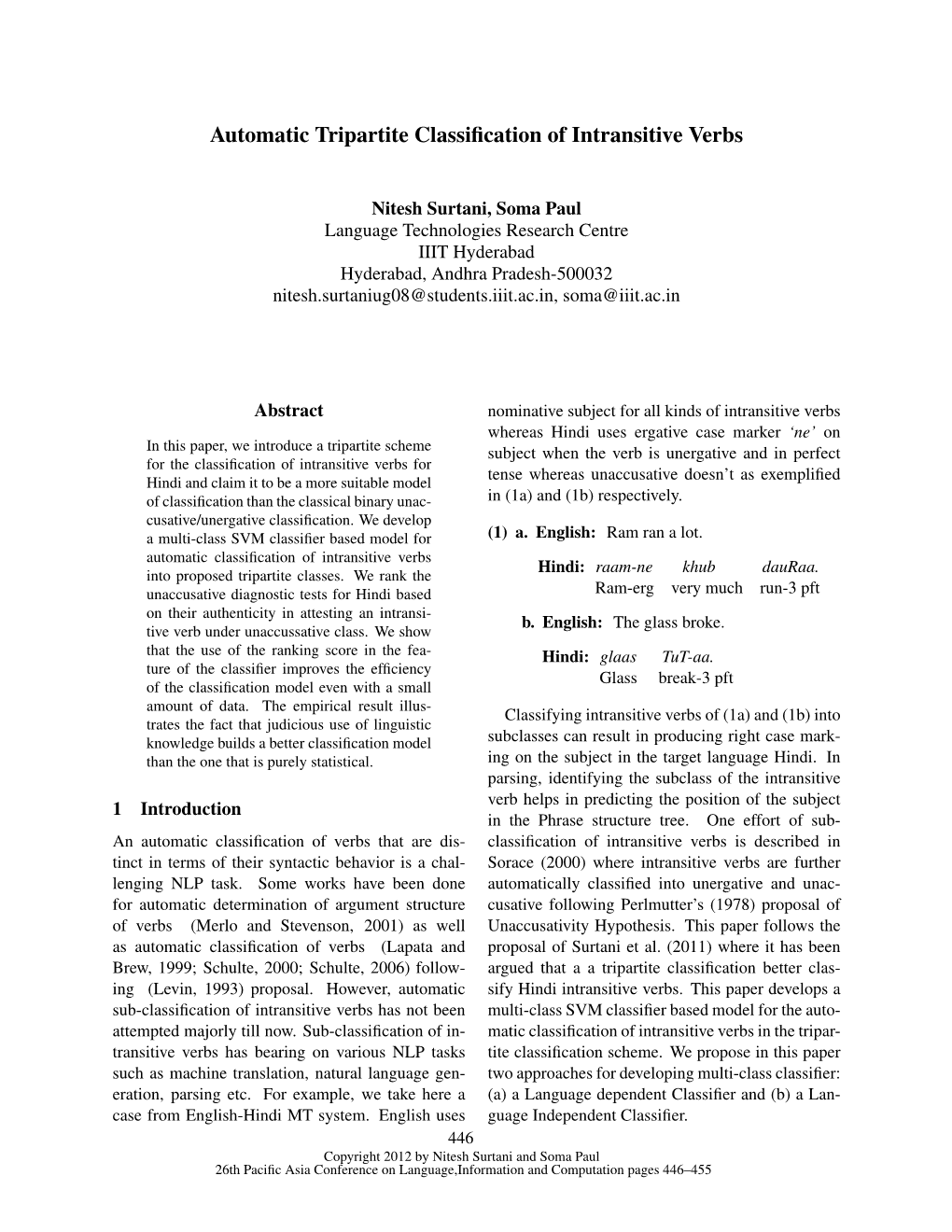 Automatic Tripartite Classification of Intransitive Verbs