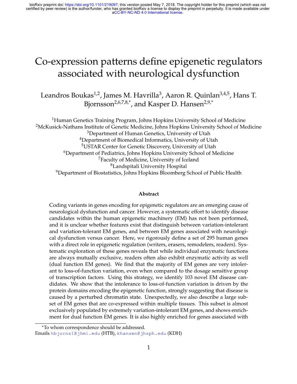 Co-Expression Patterns Define Epigenetic Regulators Associated with Neurological Dysfunction