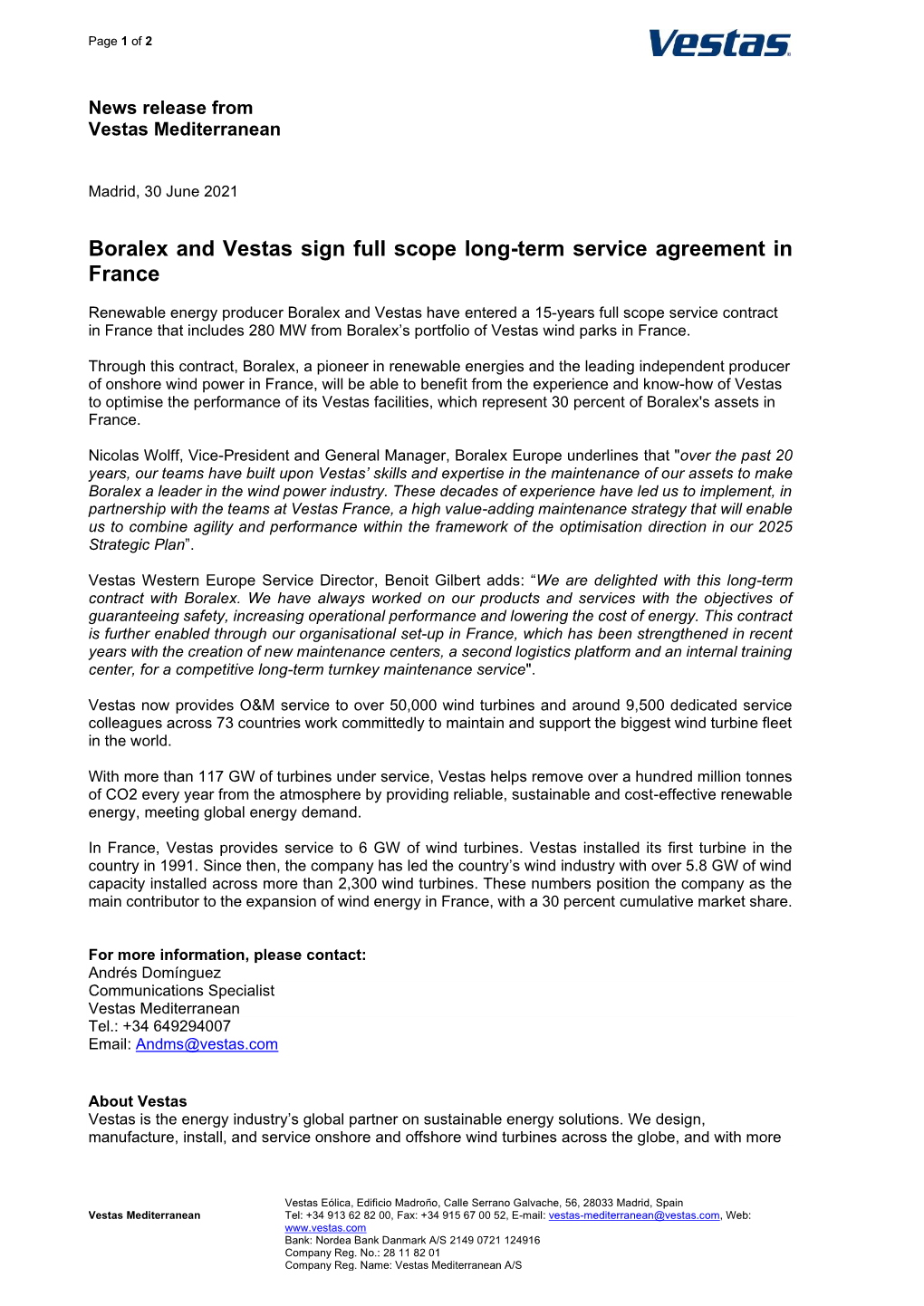 Boralex and Vestas Sign Full Scope Long-Term Service Agreement in France