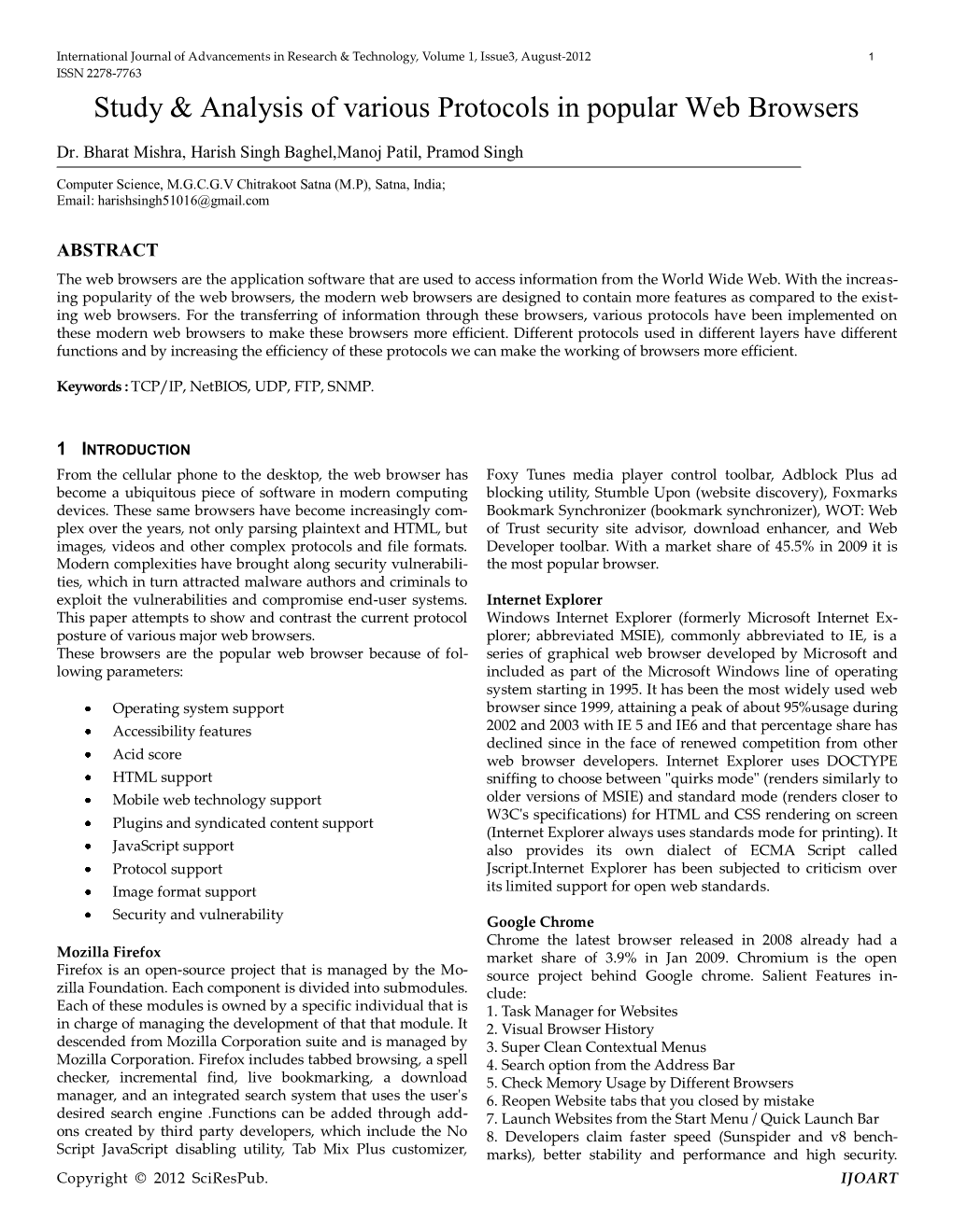 Study & Analysis of Various Protocols in Popular Web Browsers