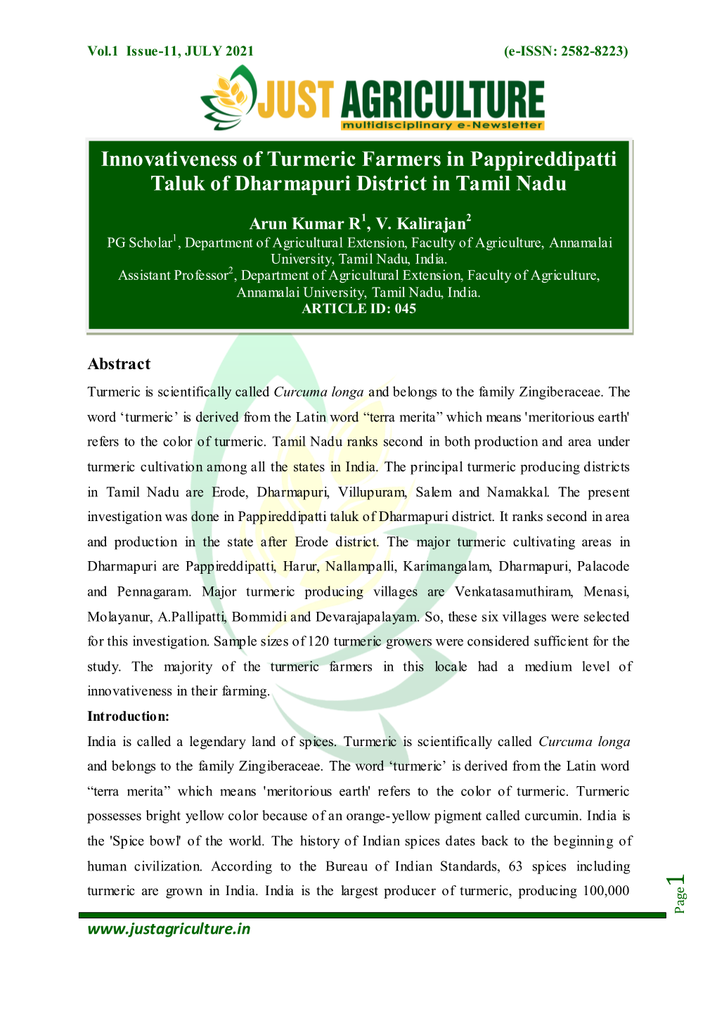 Innovativeness of Turmeric Farmers in Pappireddipatti Taluk Of
