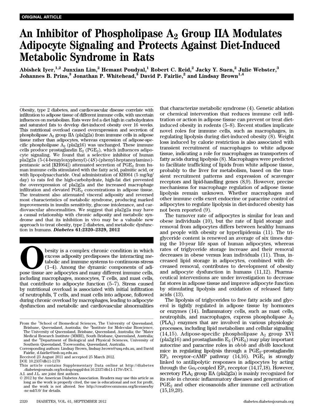 An Inhibitor of Phospholipase A2 Group IIA Modulates Adipocyte Signaling and Protects Against Diet-Induced Metabolic Syndrome In