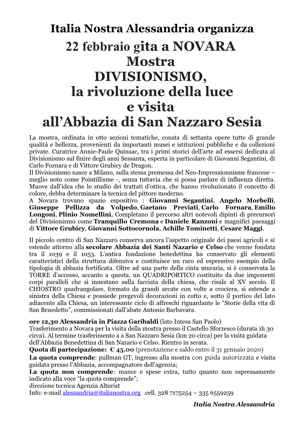 22 Febbraio Gita a NOVARA Mostra DIVISIONISMO, La Rivoluzione Della