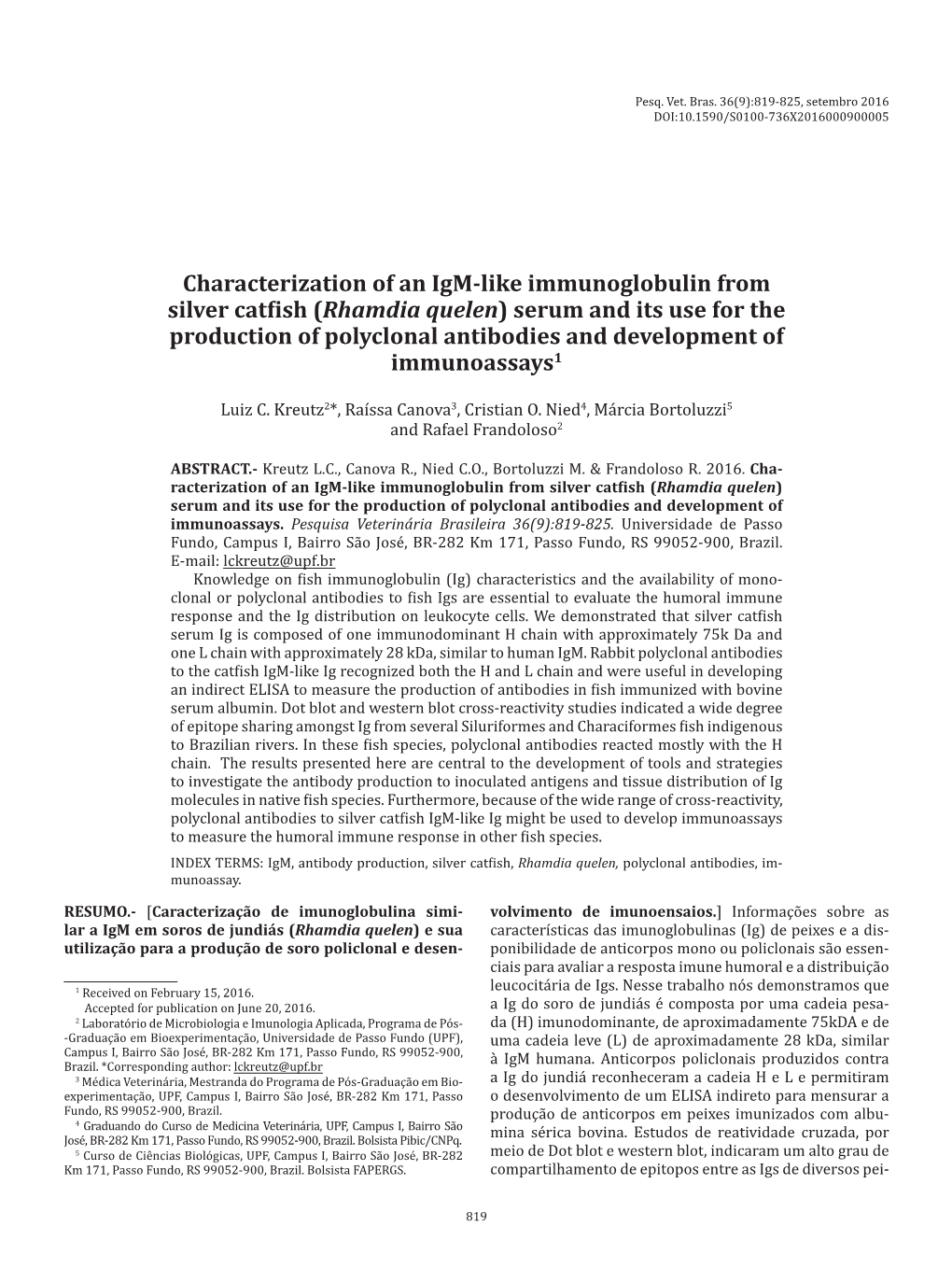 Characterization of an Igm-Like Immunoglobulin from Silver Catfish