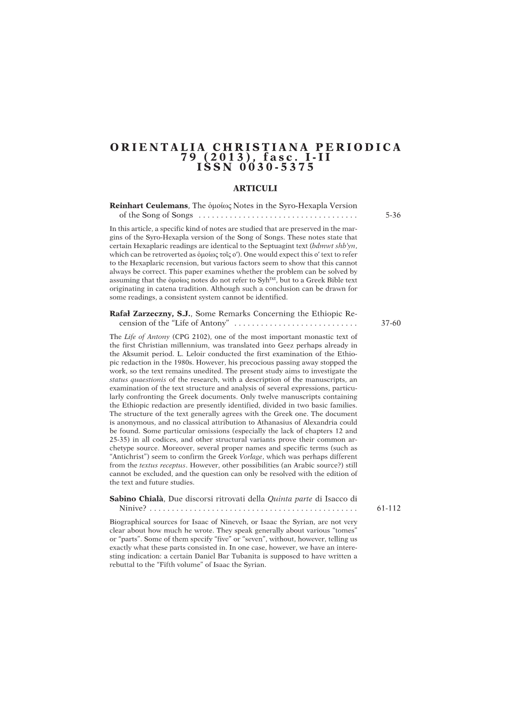 ORIENTALIA CHRISTIANA PERIODICA 79 (2013), Fasc. I-II ISSN 0030-5375