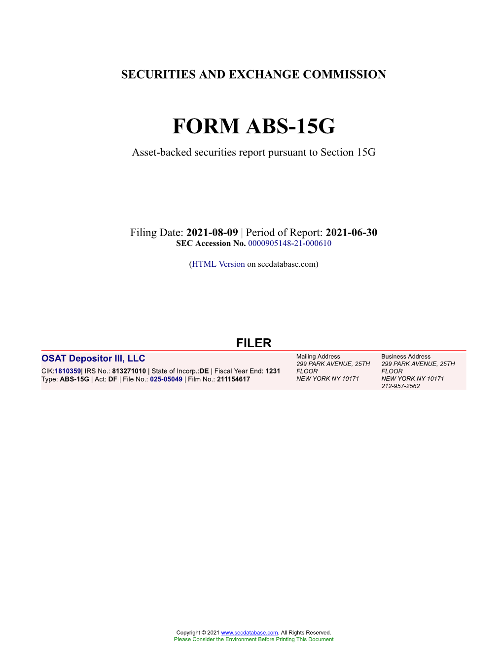 OSAT Depositor Ill, LLC Form ABS-15G Filed 2021-08-09