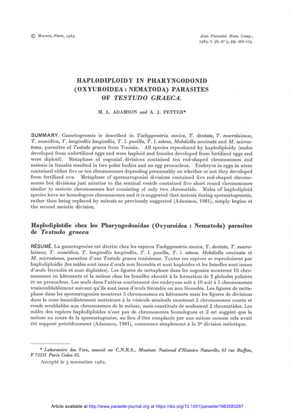 Haplodiploidy in Pharyngodonid (Oxyuroidea : Nematoda) Parasites of Testudo Graeca