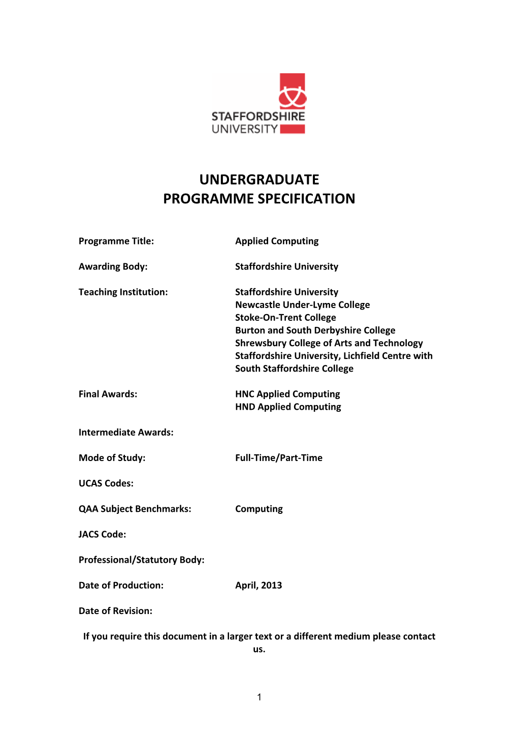 Undergraduate Programme Specification
