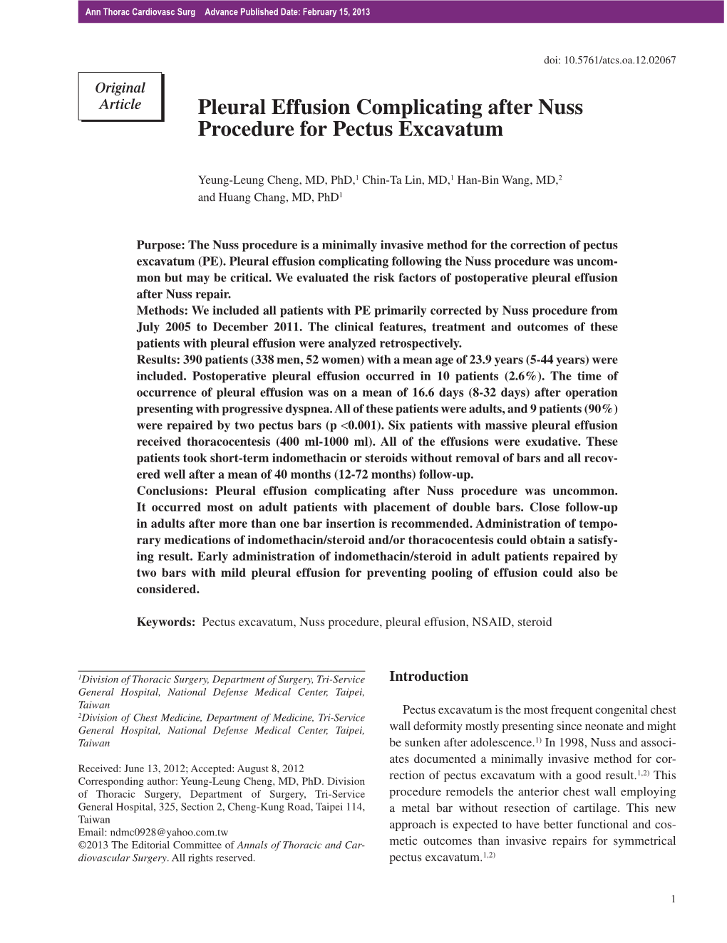 Pleural Effusion Complicating After Nuss Procedure for Pectus Excavatum