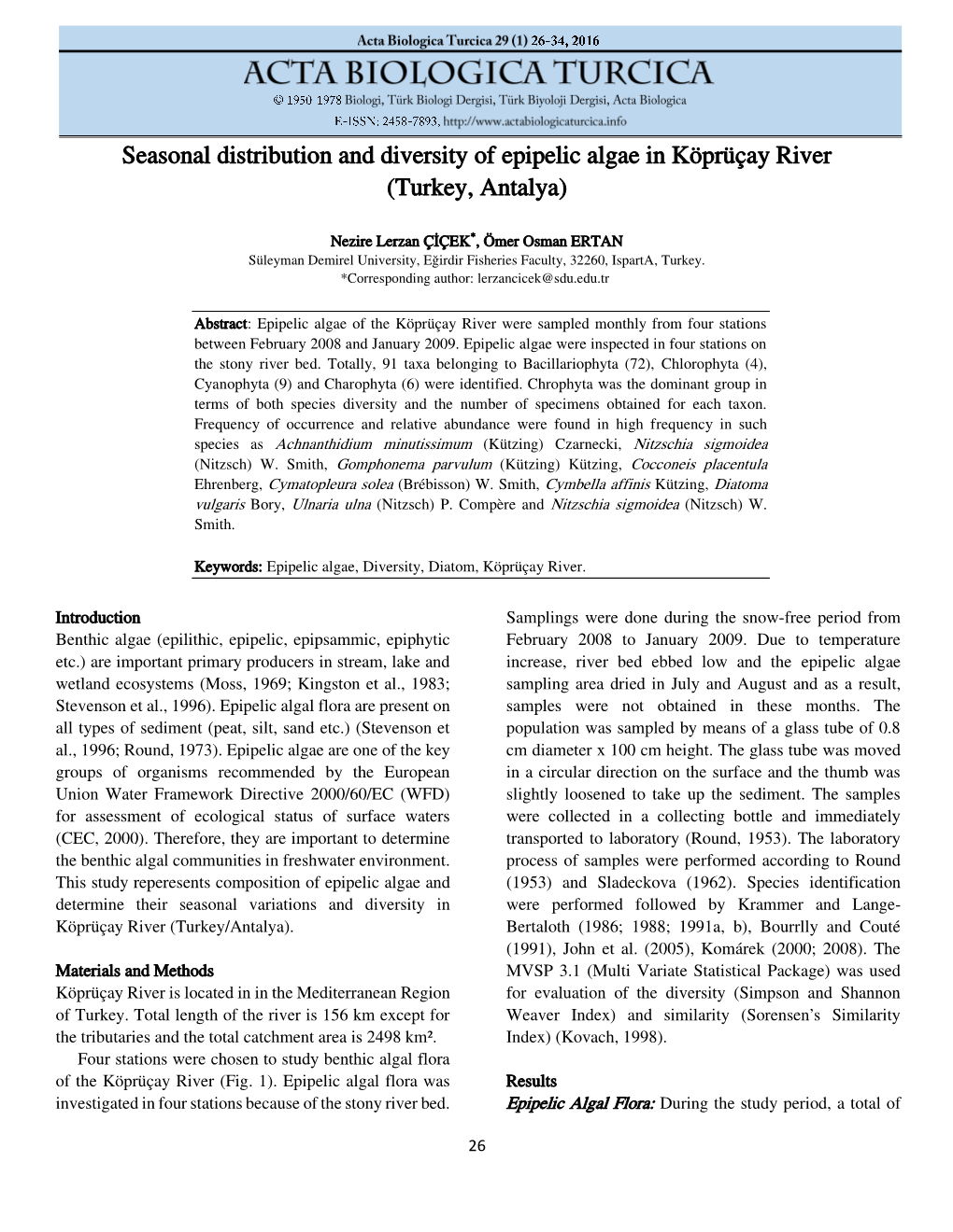 Seasonal Distribution and Diversity of Epipelic Algae in Köprüçay River (Turkey, Antalya)