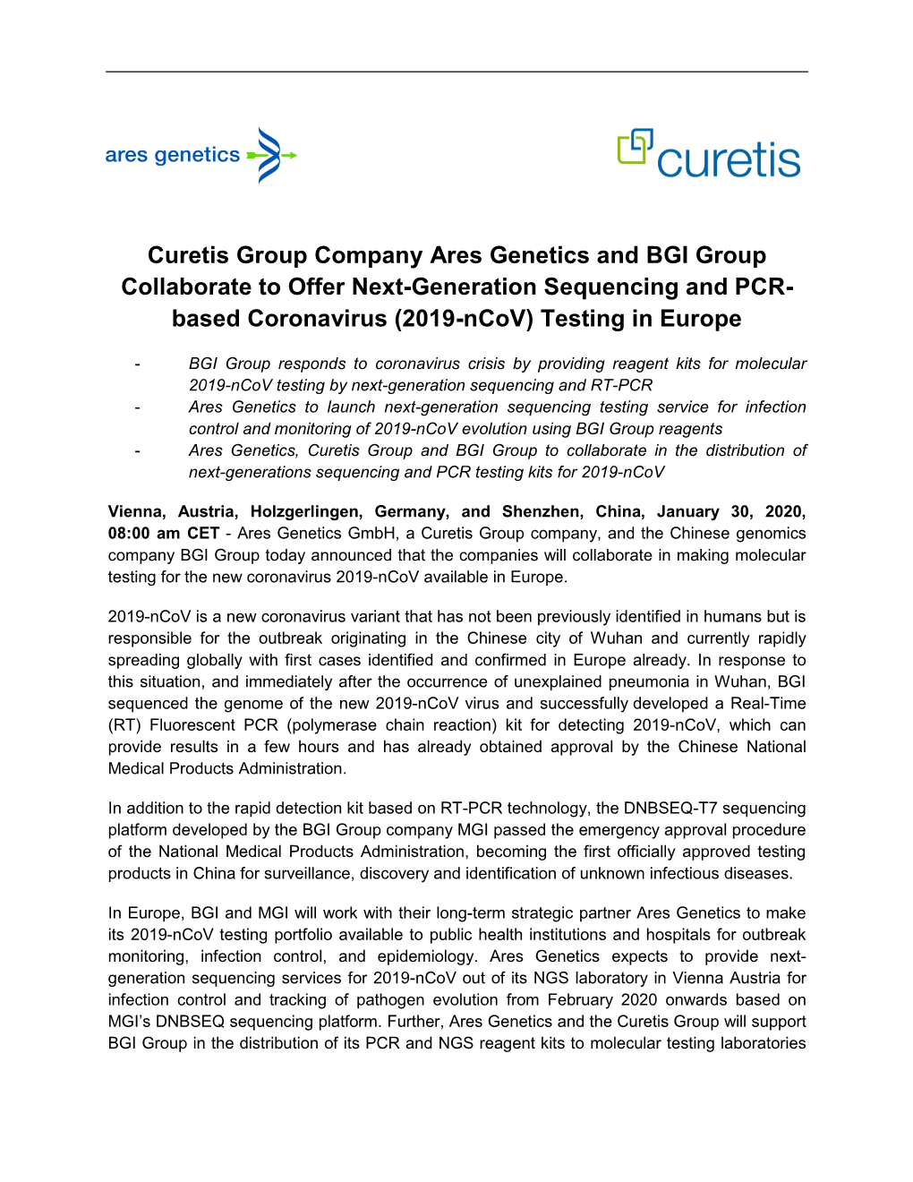 Curetis Group Company Ares Genetics and BGI Group Collaborate to Offer Next-Generation Sequencing and PCR- Based Coronavirus (2019-Ncov) Testing in Europe