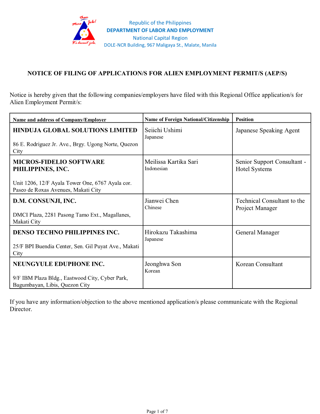 (AEP/S) Notice Is Hereby Given That the Following Companies/Empl