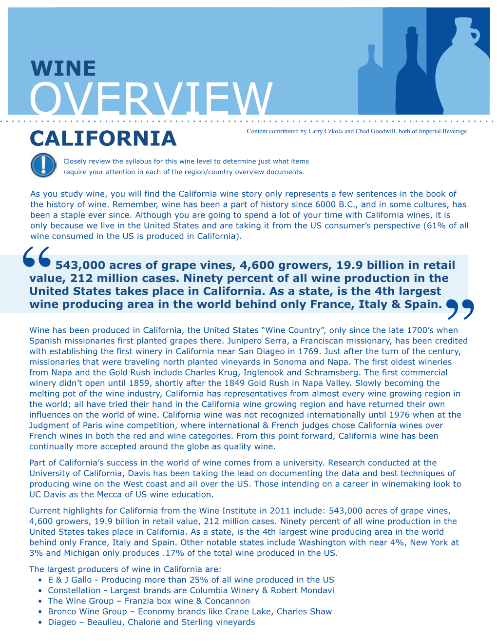OVERVIEW CALIFORNIA Content Contributed by Larry Cekola and Chad Goodwill, Both of Imperial Beverage
