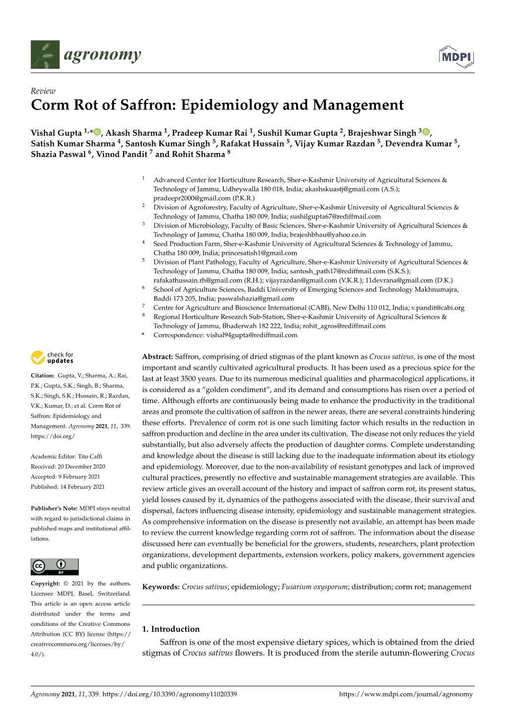 Corm Rot of Saffron: Epidemiology and Management