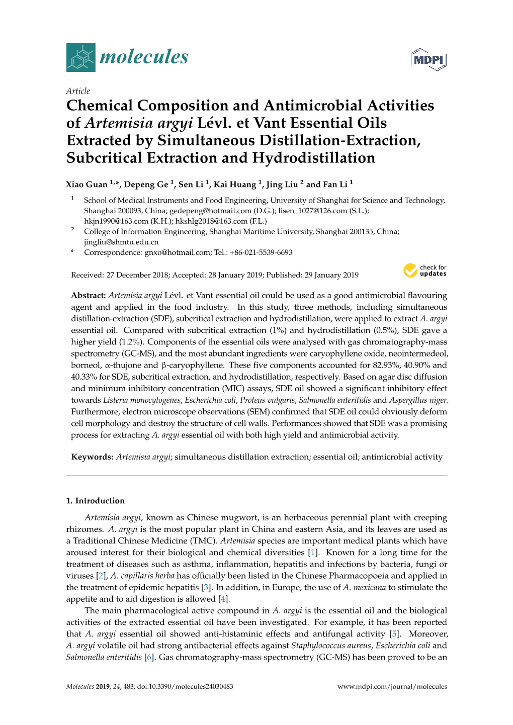 Chemical Composition and Antimicrobial Activities of Artemisia Argyi Lévl
