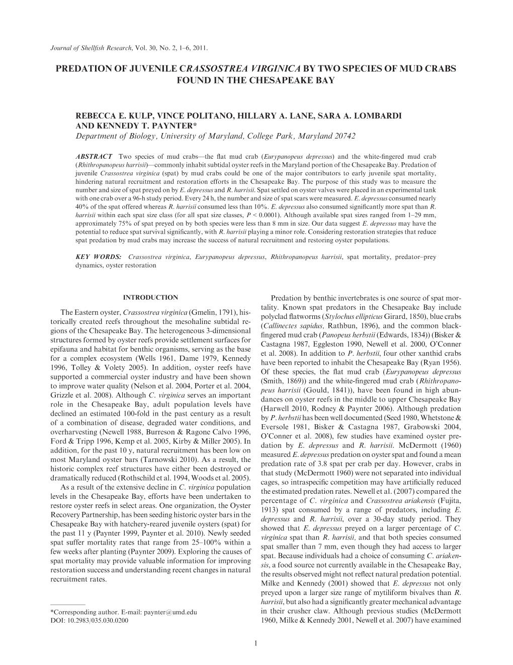 Predation of Juvenile Crassostrea Virginica by Two Species of Mud Crabs Found in the Chesapeake Bay