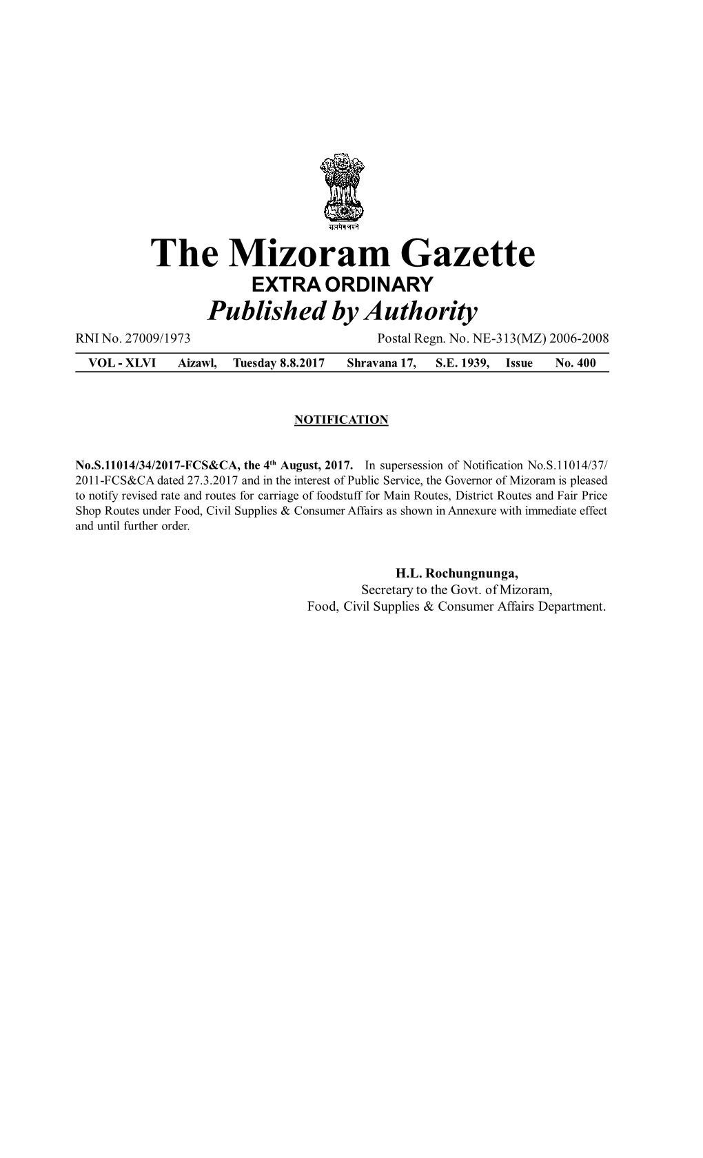 The Mizoram Gazette EXTRA ORDINARY Published by Authority RNI No