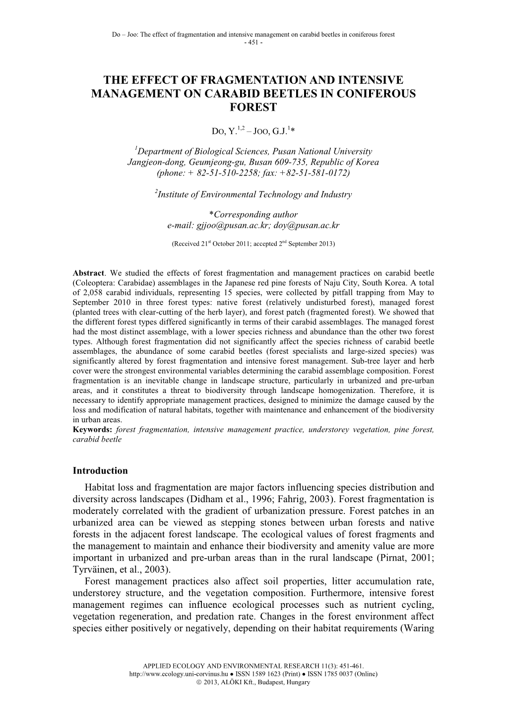 The Effect of Fragmentation and Intensive Management on Carabid Beetles in Coniferous Forest - 451