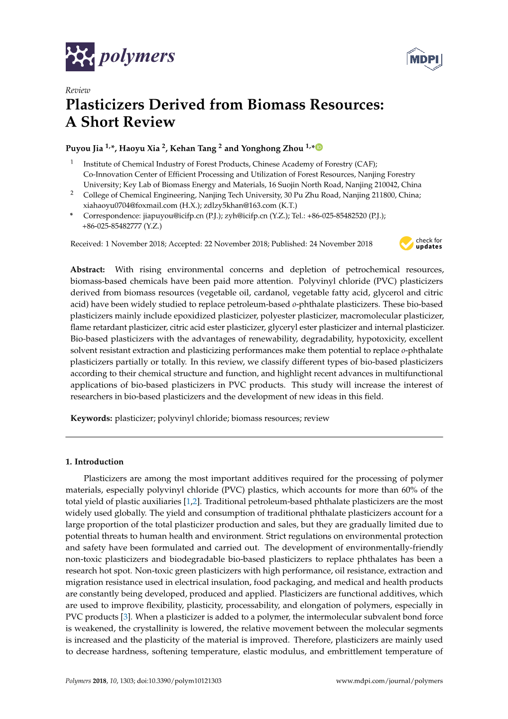 Plasticizers Derived from Biomass Resources: a Short Review