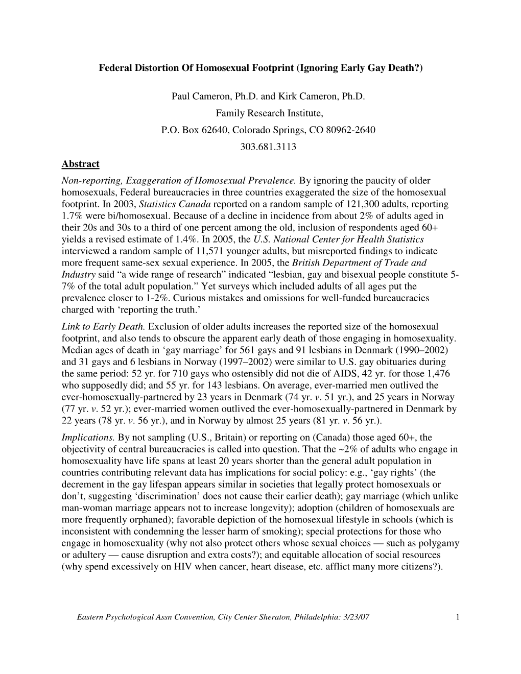 Federal Distortion of Homosexual Footprint (Ignoring Early Gay Death?)