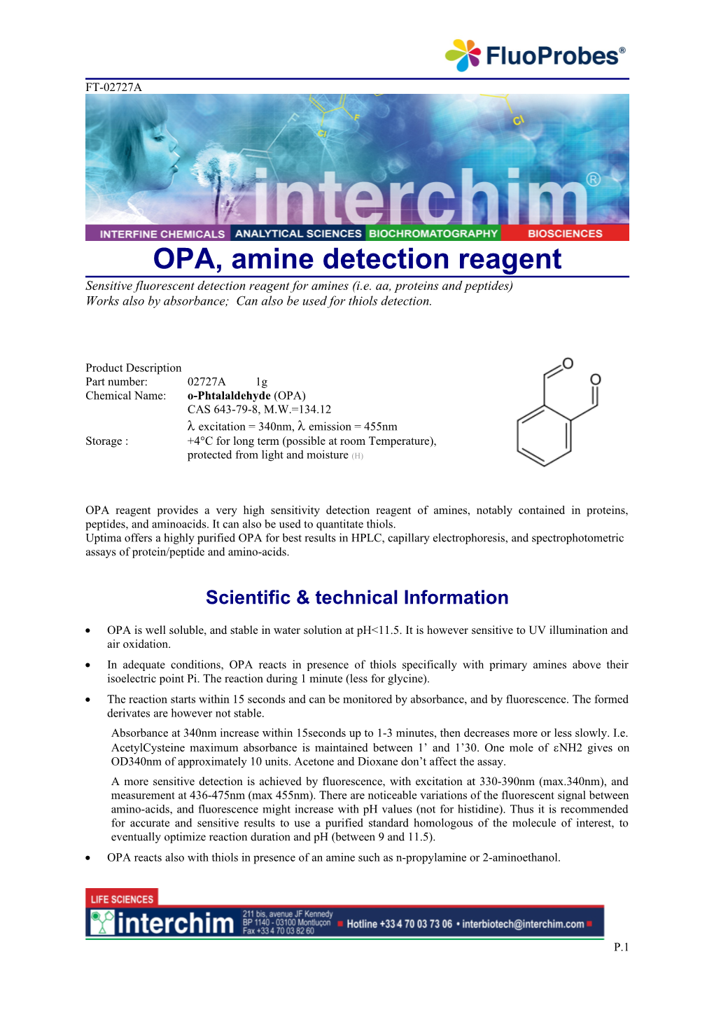 OPA, Amine Detection Reagent Sensitive Fluorescent Detection Reagent for Amines (I.E