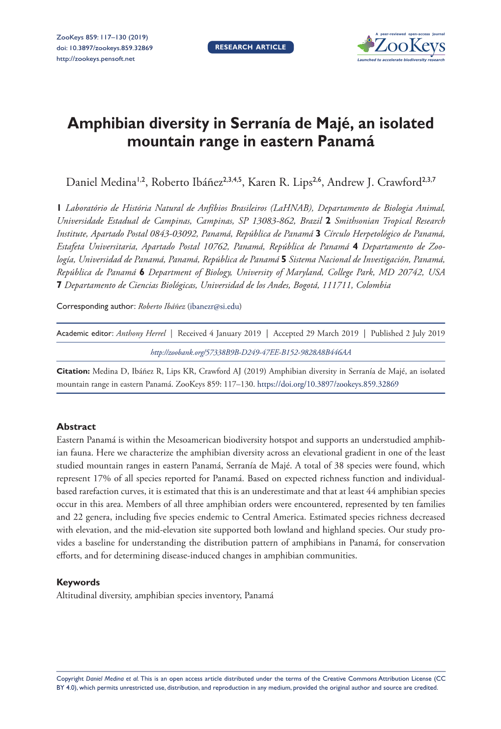 ﻿Amphibian Diversity in Serranía De Majé, an Isolated Mountain Range in Eastern Panamá