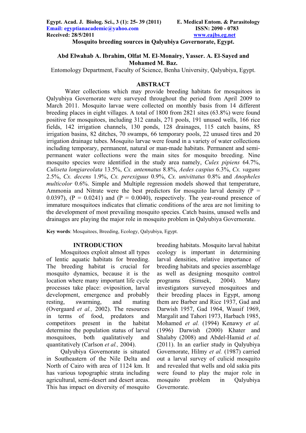 Mosquito Breeding Sources in Qalyubiya Governorate, Egypt. Abd