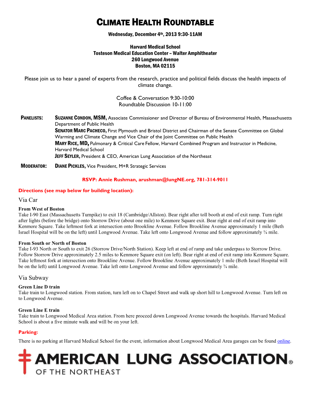 CLIMATE HEALTH ROUNDTABLE Wednesday, December 4Th, 2013 9:30-11AM