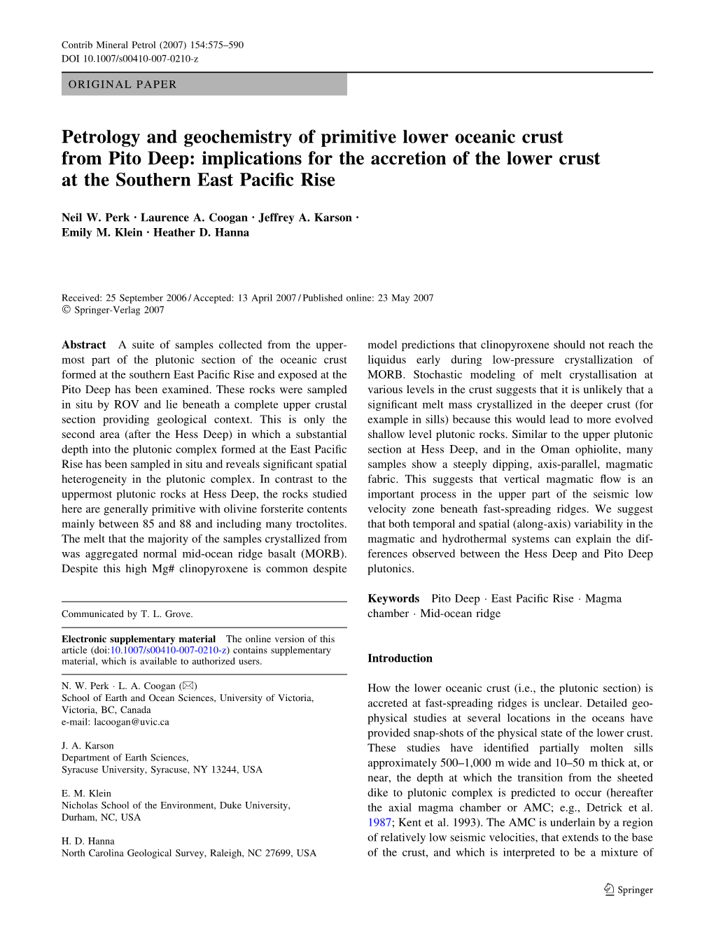 Petrology and Geochemistry of Primitive Lower Oceanic Crust from Pito Deep: Implications for the Accretion of the Lower Crust at the Southern East Paciﬁc Rise