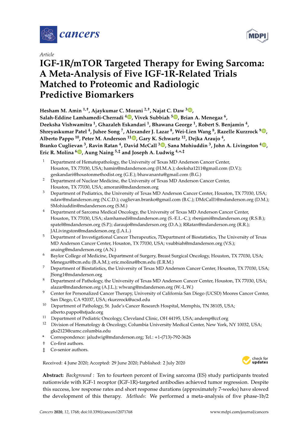 IGF-1R/Mtor Targeted Therapy for Ewing Sarcoma: a Meta-Analysis of Five IGF-1R-Related Trials Matched to Proteomic and Radiologic Predictive Biomarkers