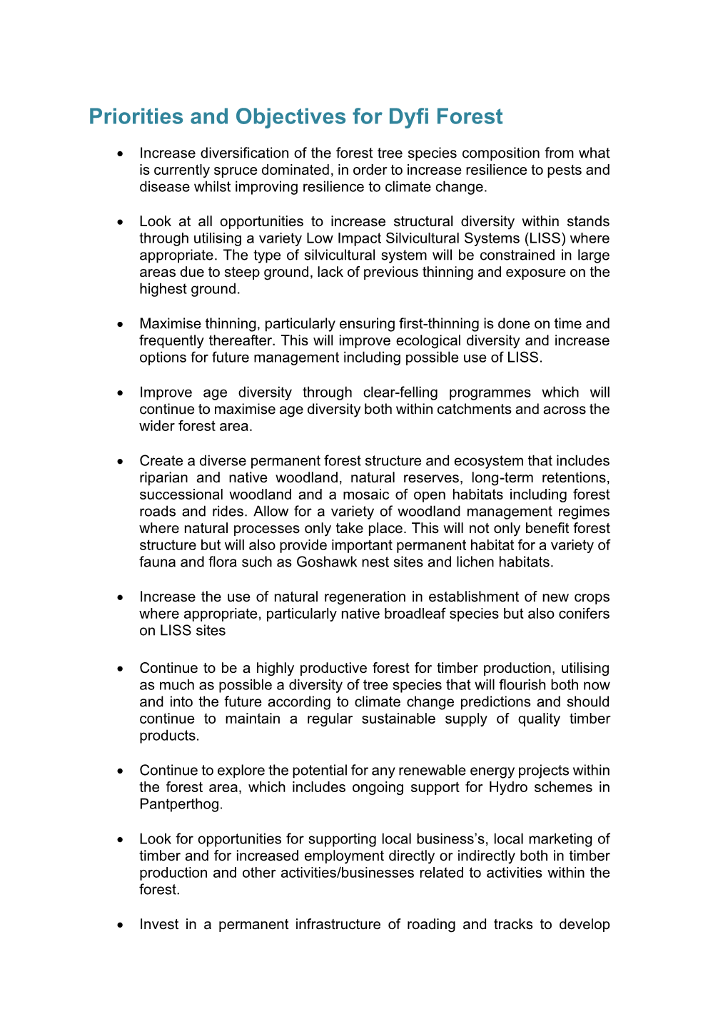 Summary of Objectives for Dyfi Forest