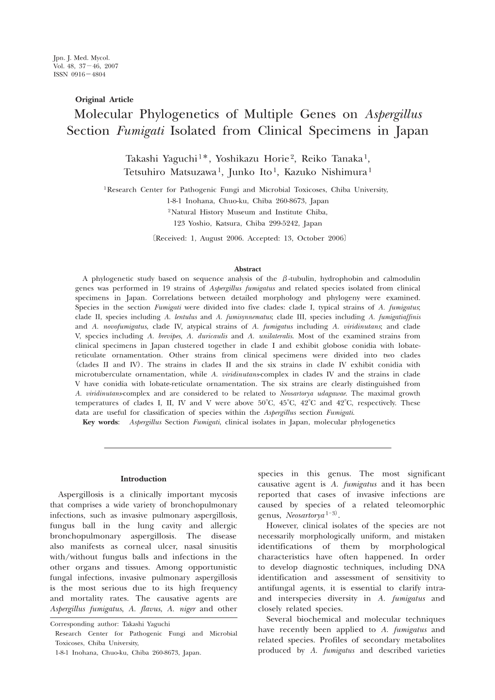 Molecular Phylogenetics of Multiple Genes on Aspergillus Section Fumigati Isolated from Clinical Specimens in Japan