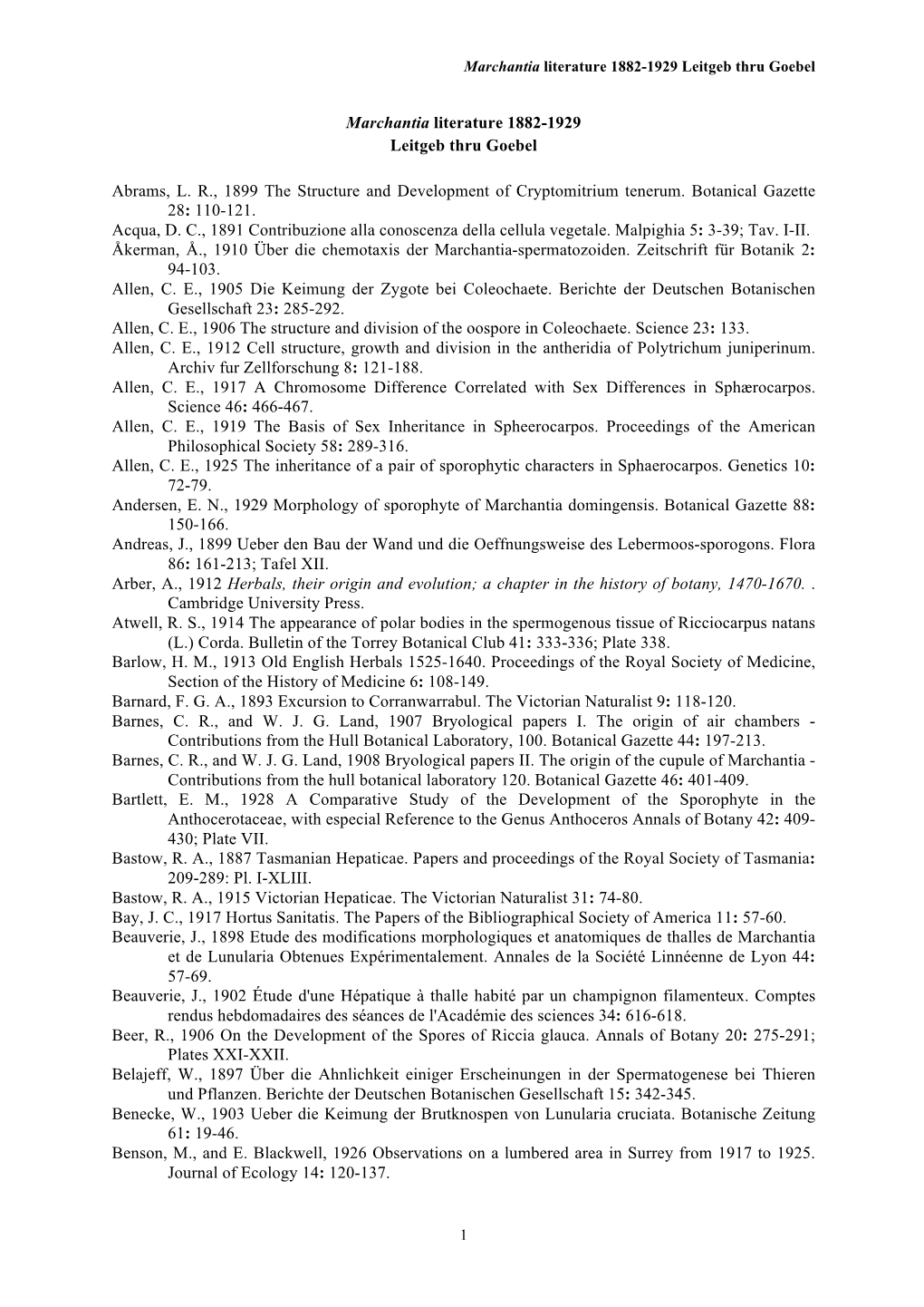 Marchantia References 1881-1929