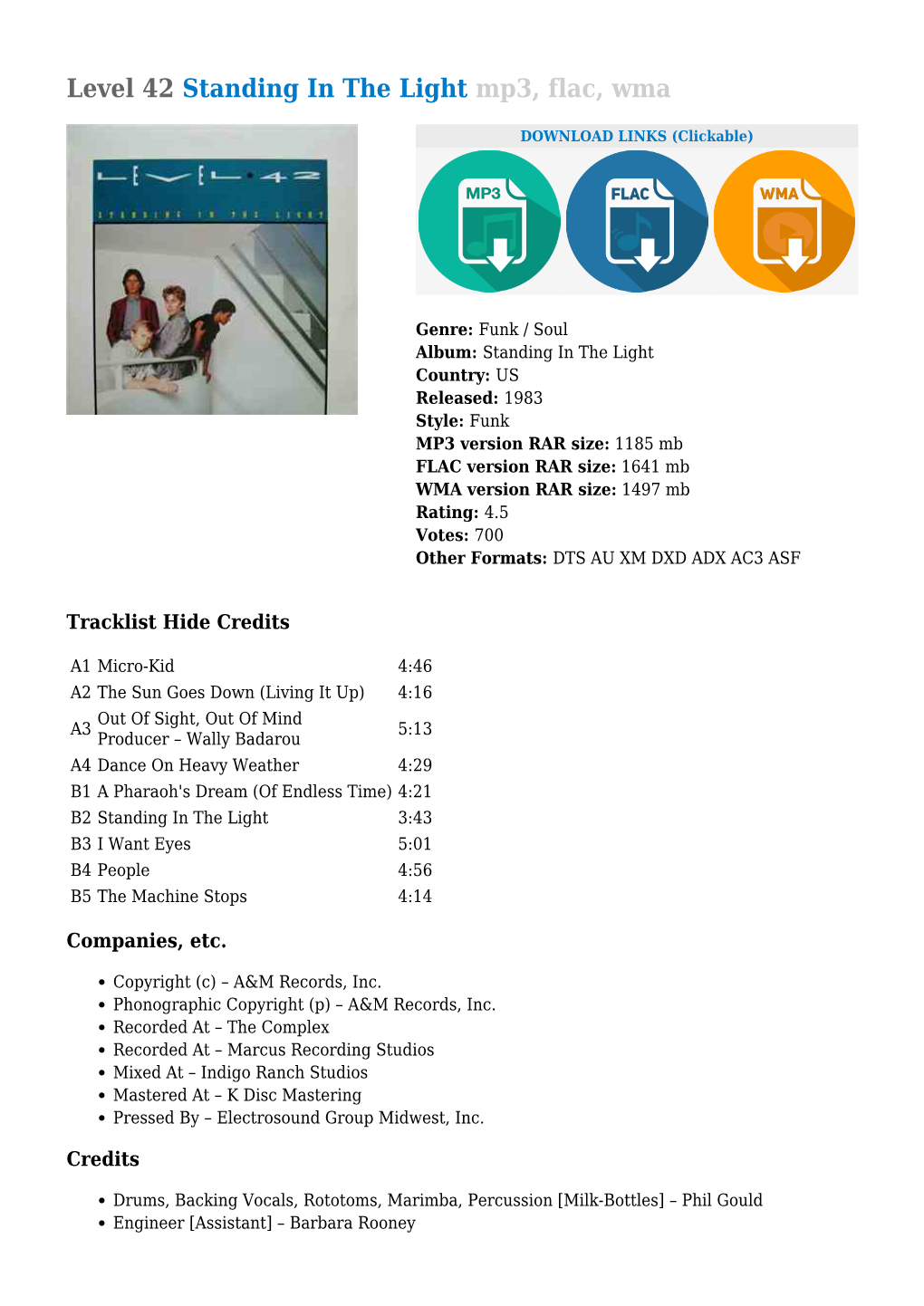 Level 42 Standing in the Light Mp3, Flac, Wma