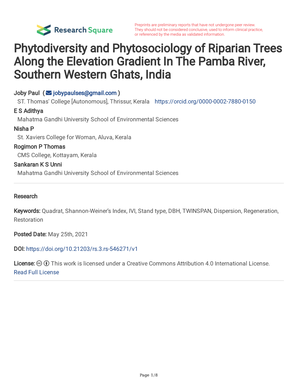 Phytodiversity and Phytosociology of Riparian Trees Along the Elevation Gradient in the Pamba River, Southern Western Ghats, India