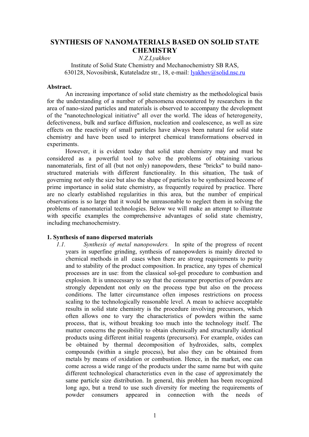 Synthesis of Nanomaterials Based on Solid State Chemistry